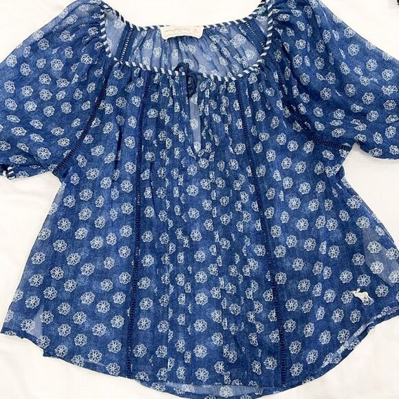 Abercrombie & Fitch Boho Peasant Top Floral Sheer Lightweight Blouse Blue XS - Picture 8 of 13